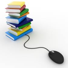 The books and mouse represent information, virtually and in reality.
