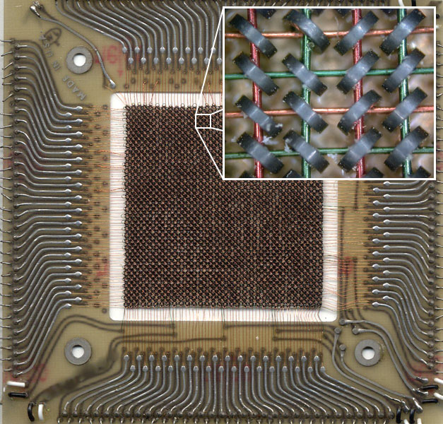 A 10.8 &times; 10.8 cm card of core memory of 64 &times; 64 bits, as used in a CDC 6600, with inset close-up